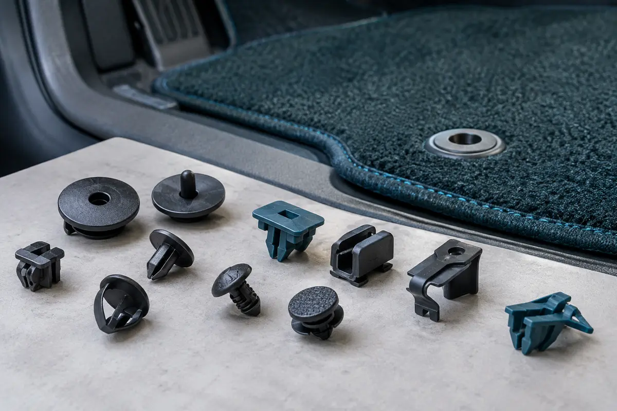 Assortiment de clips et fixations pour tapis de voiture