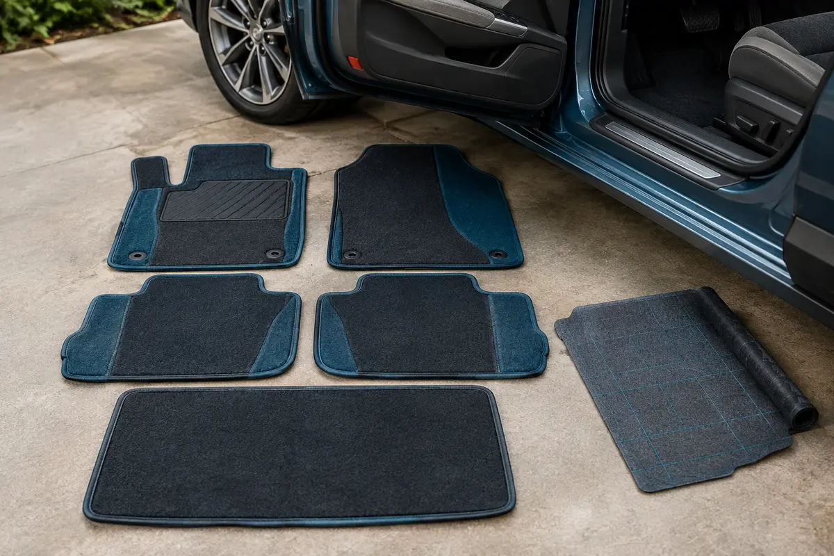Différents formats de tapis universels présentés près d’une voiture