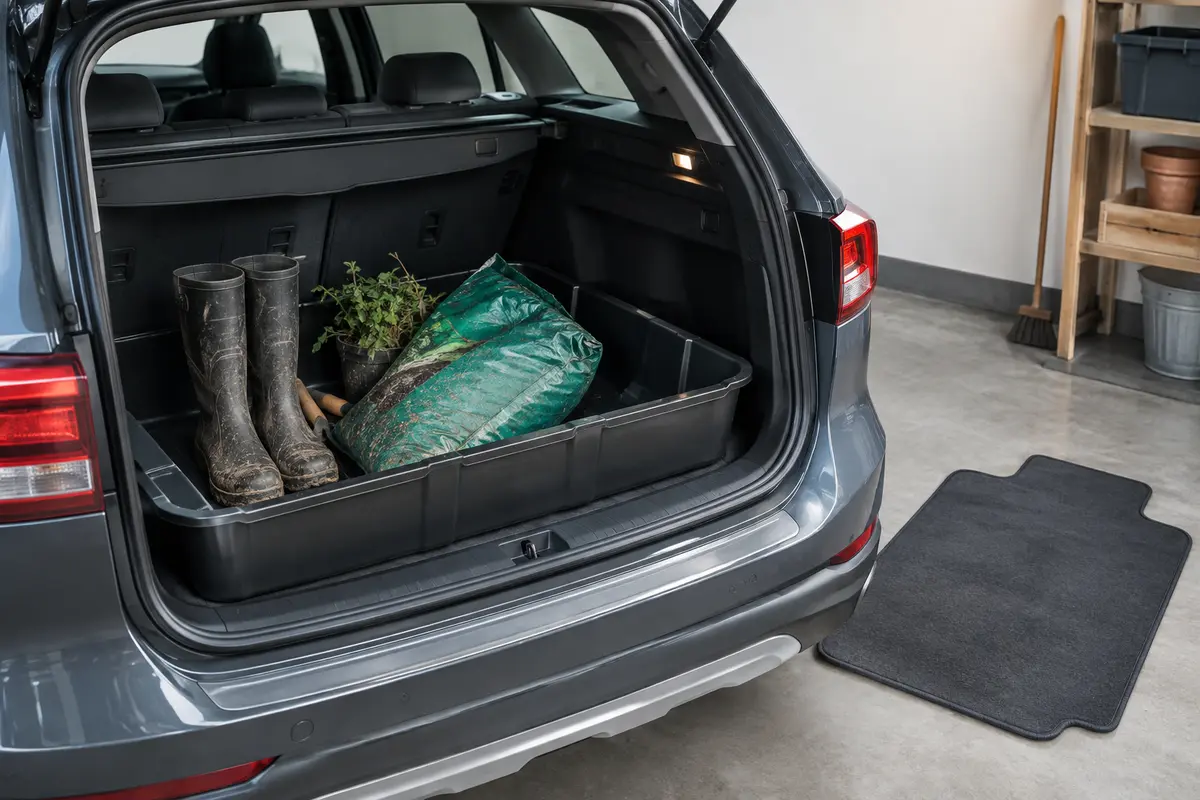 Bac de coffre noir avec rebords contenant des bottes boueuses à côté d’un tapis plat