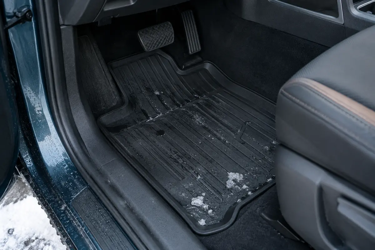 Tapis de sol auto à rainures et rebords, avec quelques traces d’eau et de neige fondue.
