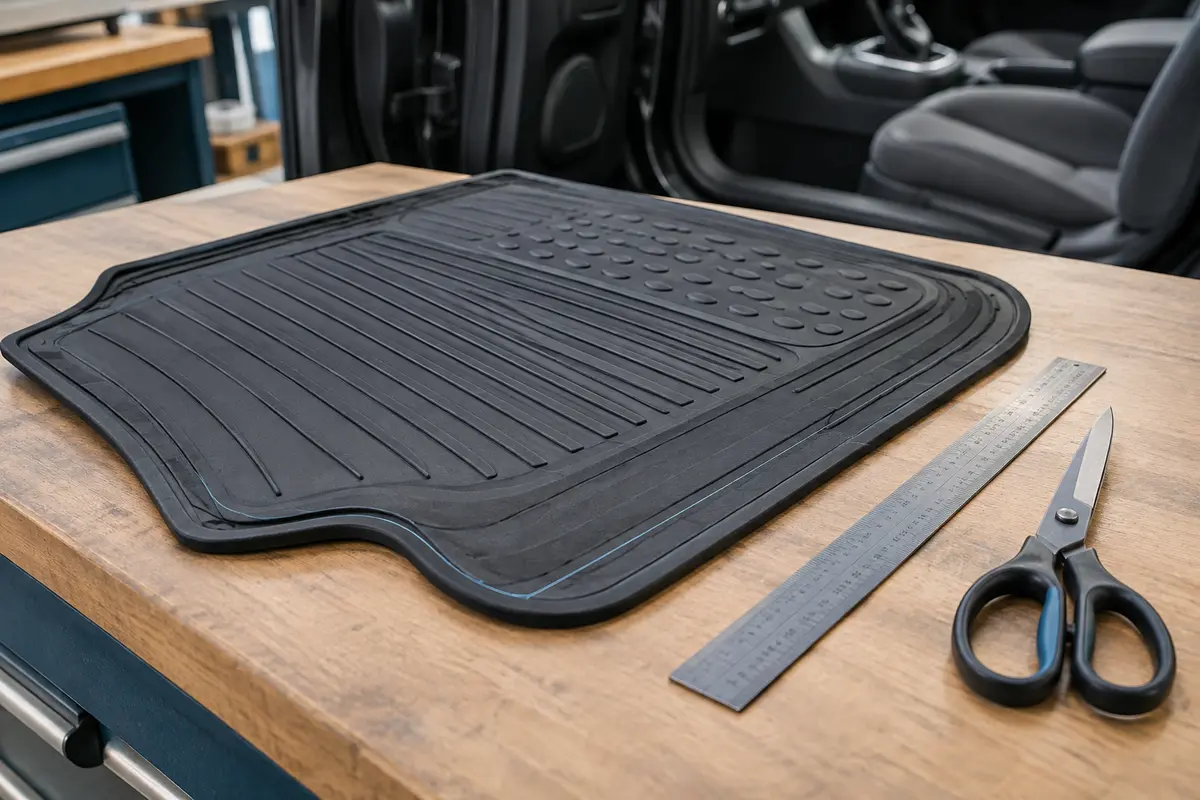 Tapis auto universel posé à plat avec ses repères de coupe, une règle et des ciseaux à proximité