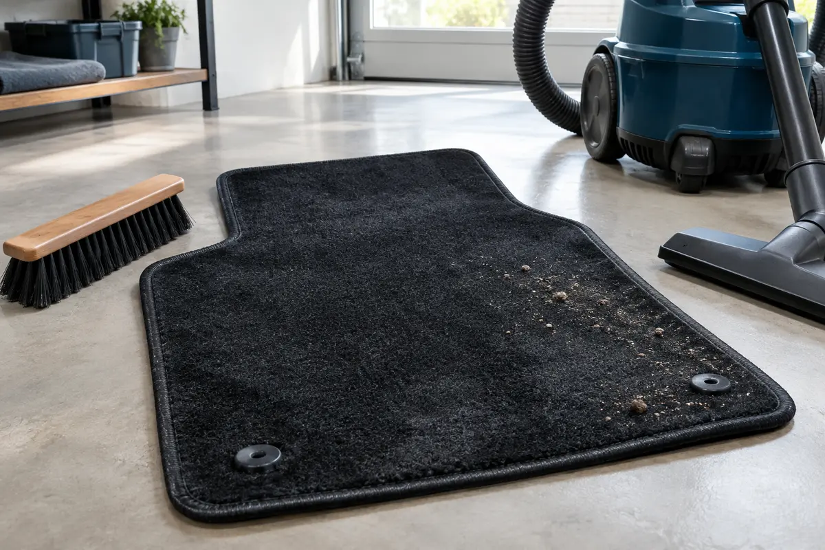 Tapis de voiture en moquette noire avec une brosse souple et un aspirateur pour l’entretien