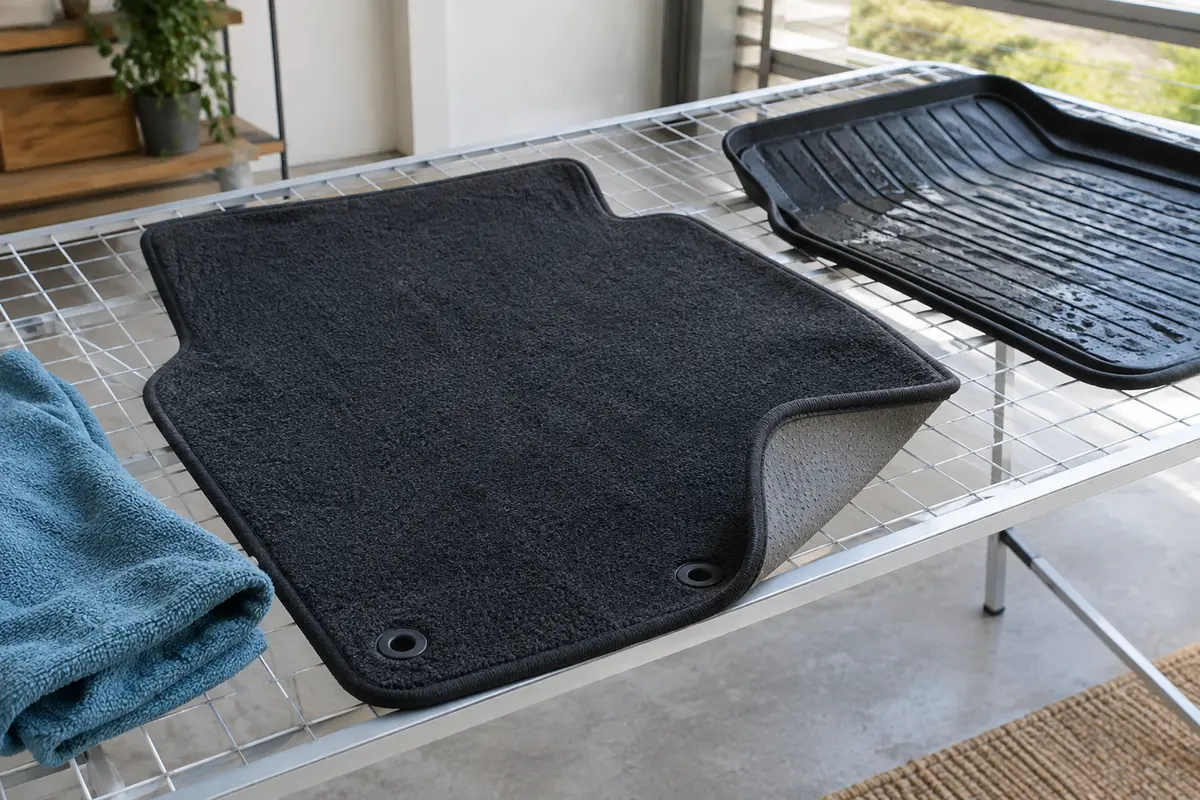 Tapis de voiture en moquette posé sur une grille ventilée pour sécher sur ses deux faces