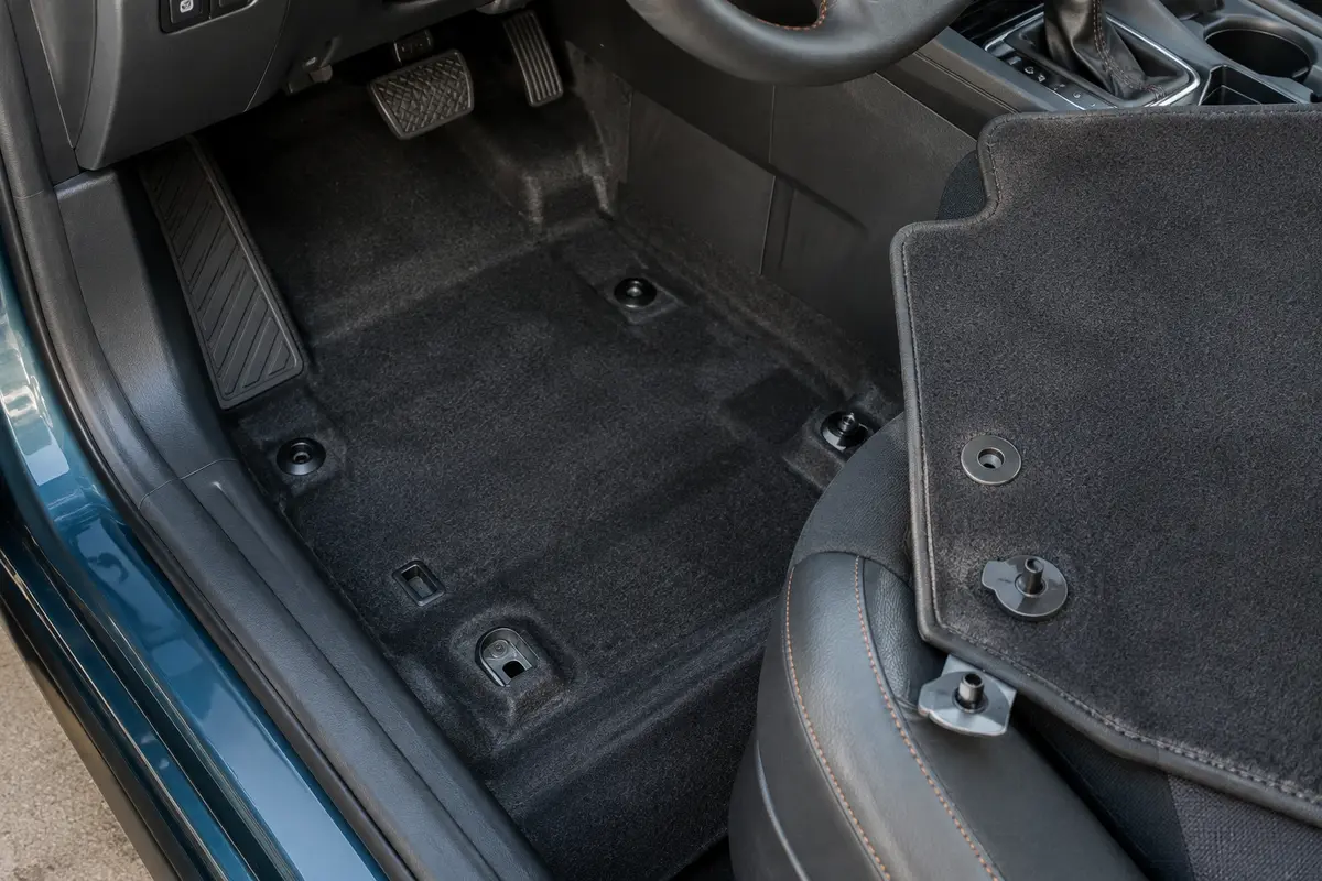 Tapis de voiture retiré à côté des ancrages visibles sur le plancher de l’habitacle