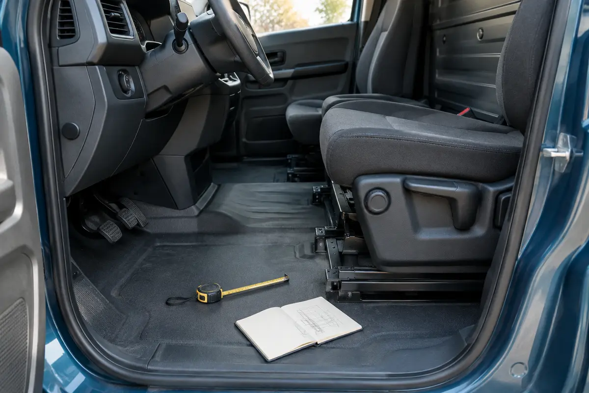Cabine d’utilitaire dégagée montrant le siège conducteur, les rails et le plancher à mesurer