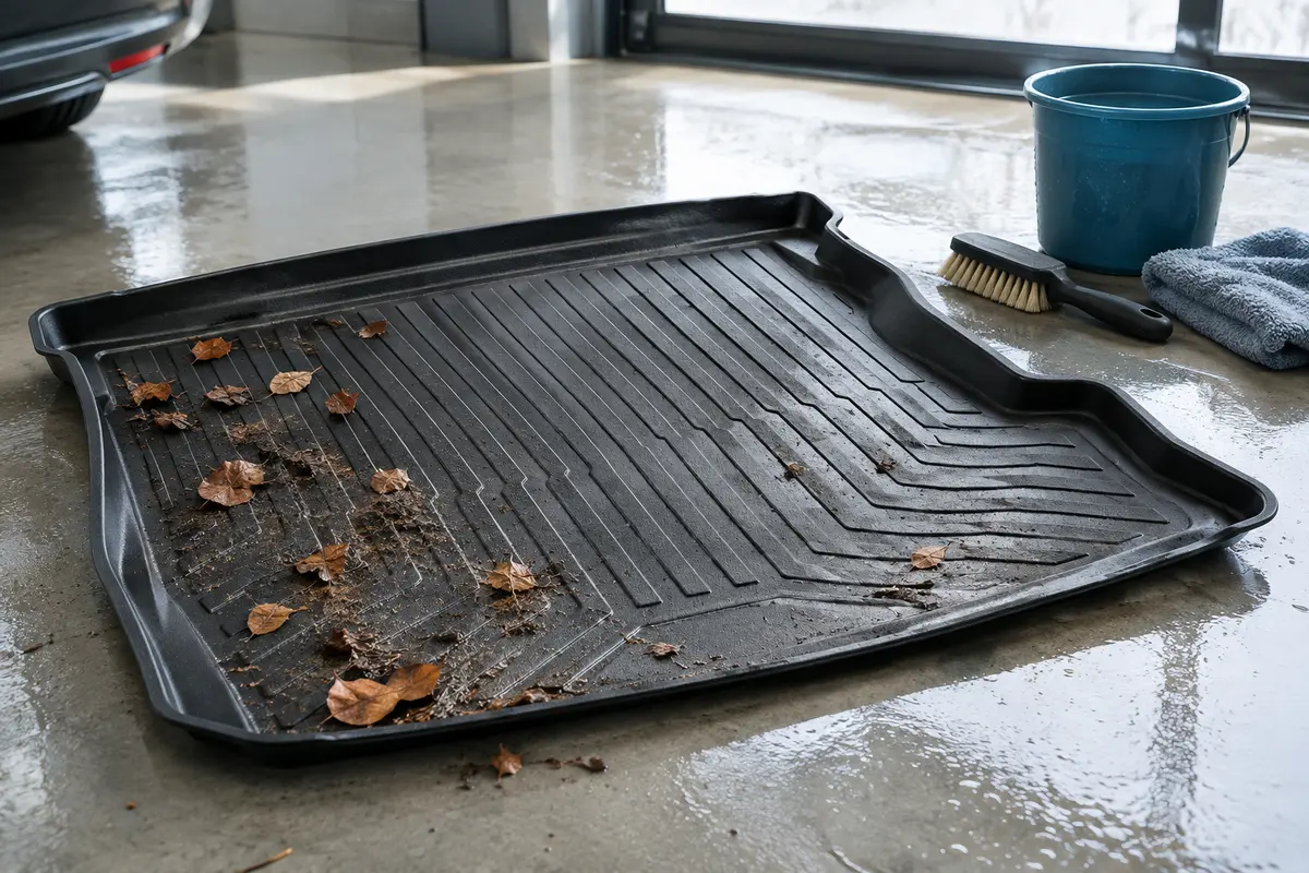 Tapis de coffre couvert de terre et de feuilles, avec une brosse douce et un chiffon prêts pour le nettoyage.