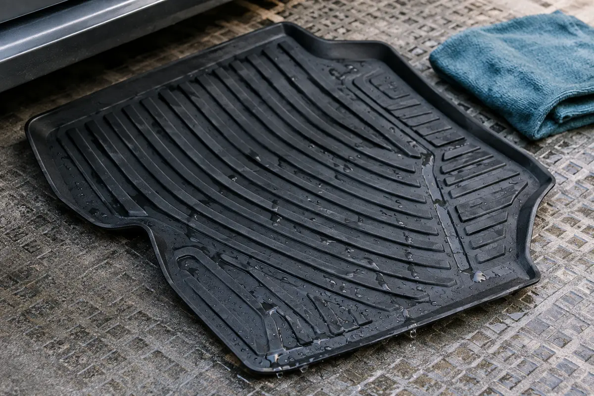 Tapis de voiture en caoutchouc rincé, avec ses rainures visibles et sans mousse