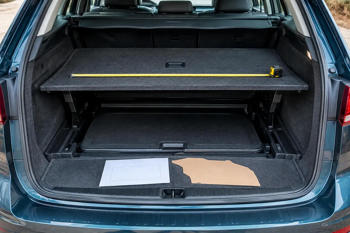 Coffre ouvert avec plancher relevé, trappe de rangement, mètre ruban et gabarit de mesure