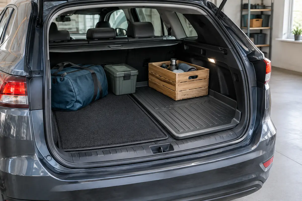 Comparaison d’un tapis plat sur mesure et d’un bac à rebords dans un coffre de voiture