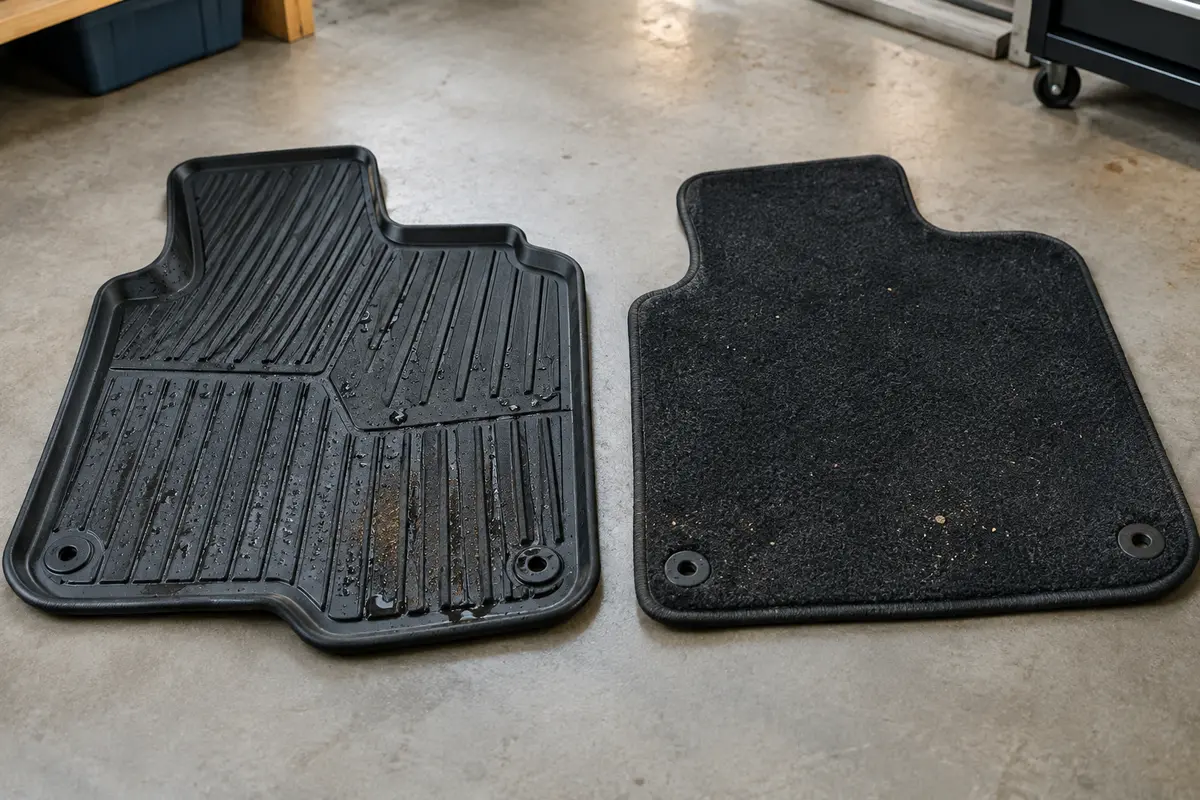 Tapis de voiture en caoutchouc texturé et tapis en moquette sombre présentés côte à côte.