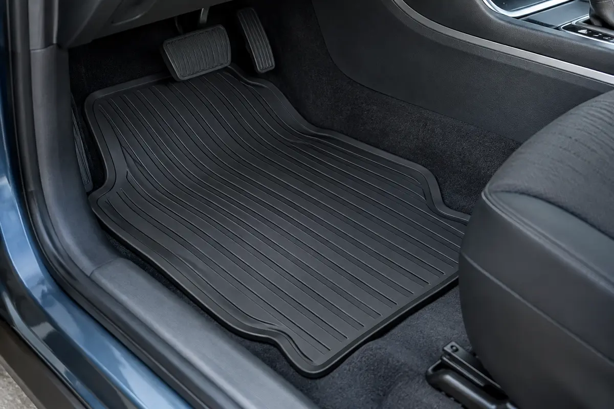 Tapis de sol noir en caoutchouc dans l’espace conducteur, avec surface sobre et picots antidérapants visibles.