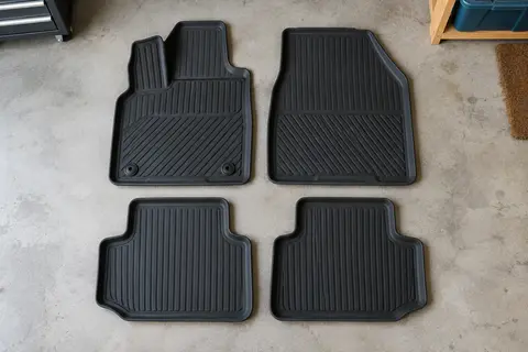 Quatre tapis moulés en caoutchouc noir, conducteur, passager et deux arrière, posés à plat sur un sol de garage gris clair
