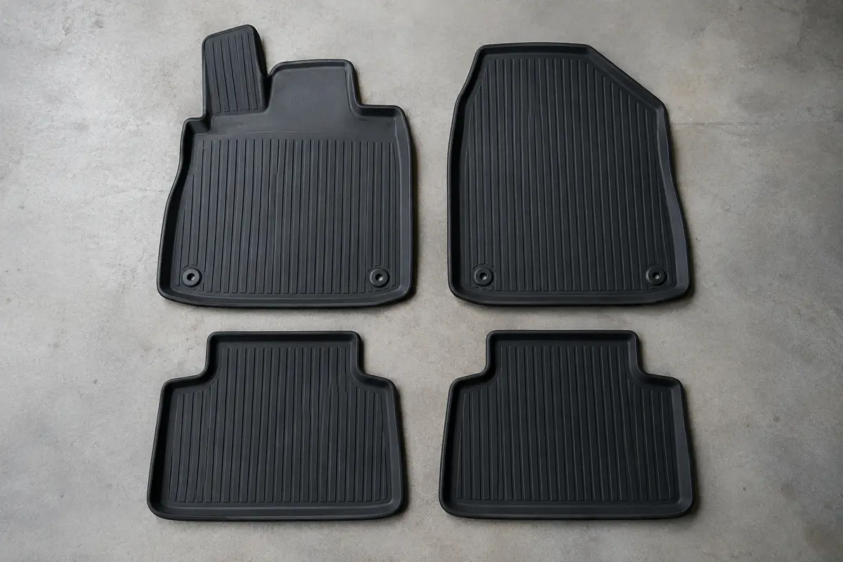 Quatre tapis sur mesure en caoutchouc noir à bords relevés, posés à plat sur un sol de garage gris clair