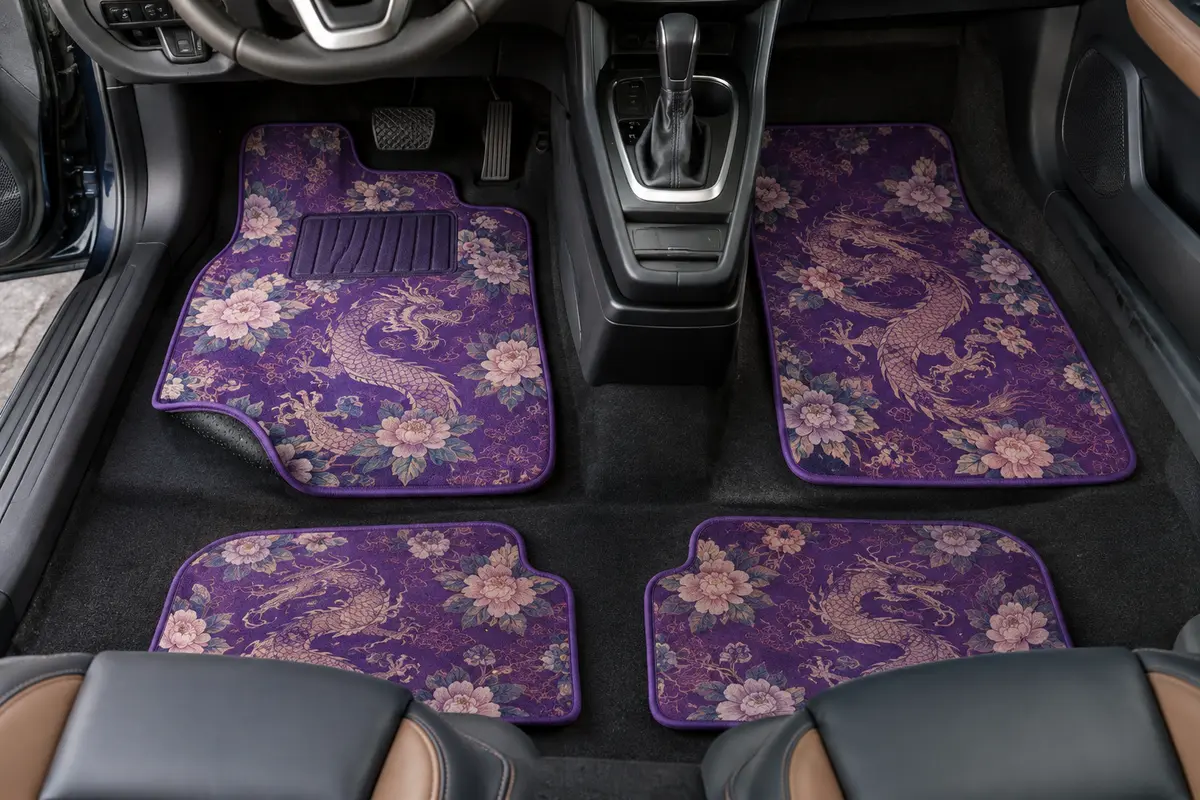 Jeu de quatre tapis de sol violets à motif floral et dragon posé dans un habitacle automobile propre