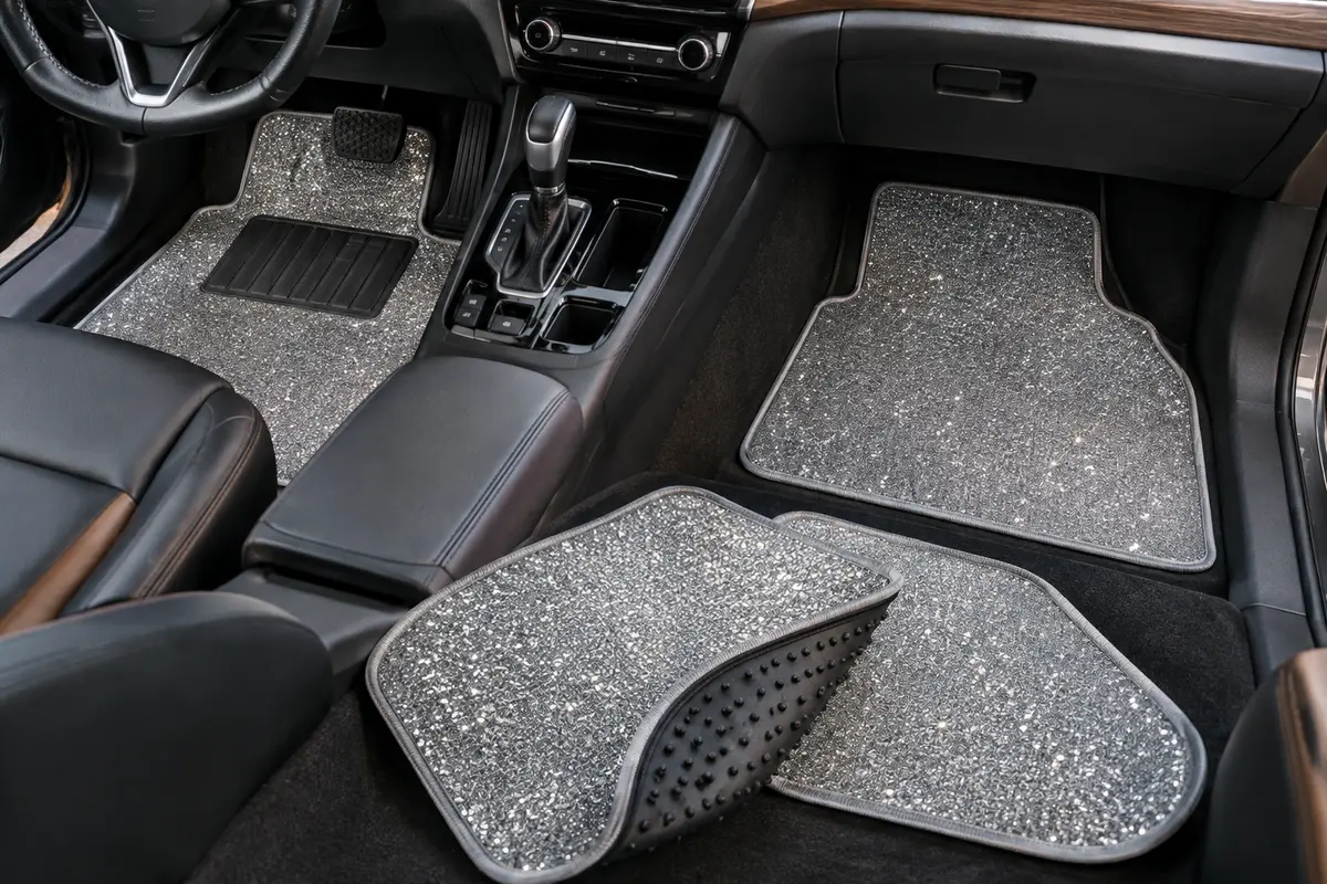 Jeu de quatre tapis de sol argentés à strass, avec talonnette en PVC, présenté dans un habitacle propre.