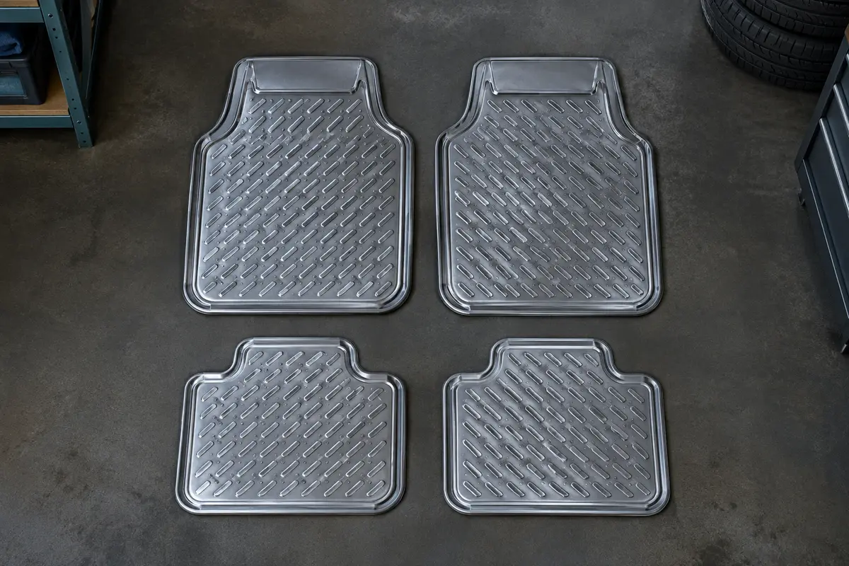 Quatre tapis universels en caoutchouc gris argent chromé, posés à plat sur un sol de garage gris foncé