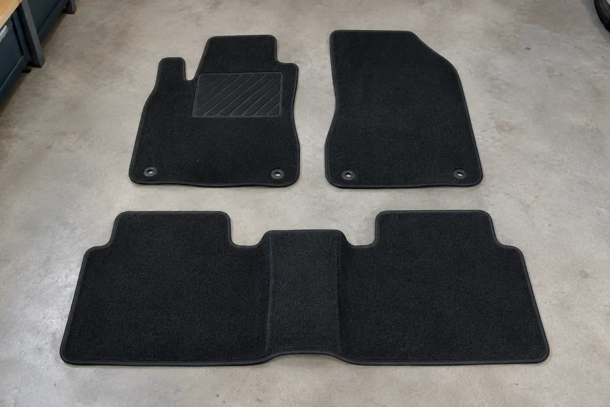 Trois tapis sur mesure en moquette noire, deux avant et un tapis arrière d’une pièce, posés à plat sur un sol de garage gris clair