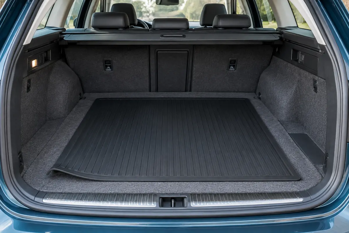 Grande natte plate en PVC noir à rainures, posée au milieu d’un coffre de break, entourée de moquette grise, un coin soulevé.