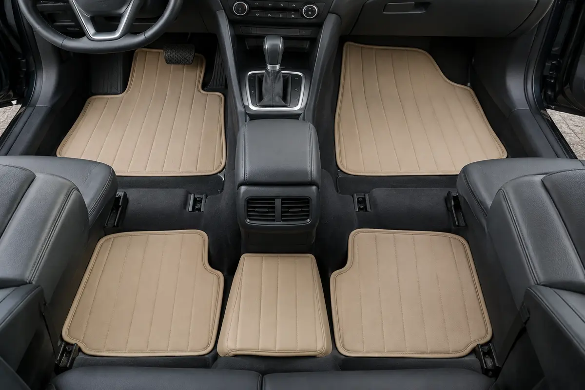 Jeu beige de cinq tapis de sol en simili cuir répartis à l’avant et à l’arrière d’un habitacle automobile.