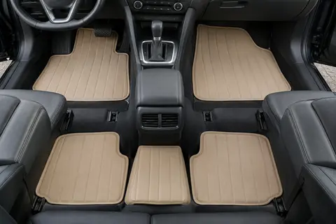 Jeu beige de cinq tapis de sol en simili cuir répartis à l’avant et à l’arrière d’un habitacle automobile.