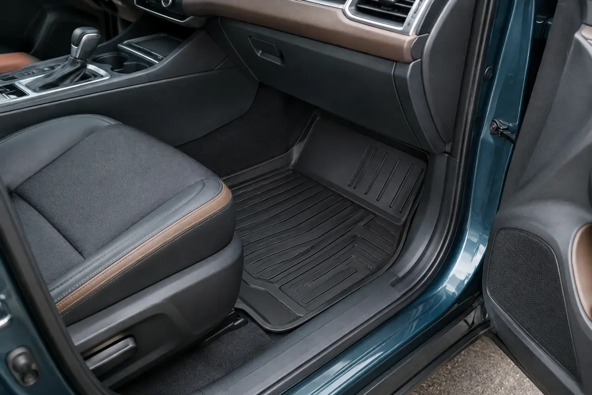 Tapis noirs en caoutchouc sur mesure avec reliefs 3D installés dans l’habitacle d’un SUV