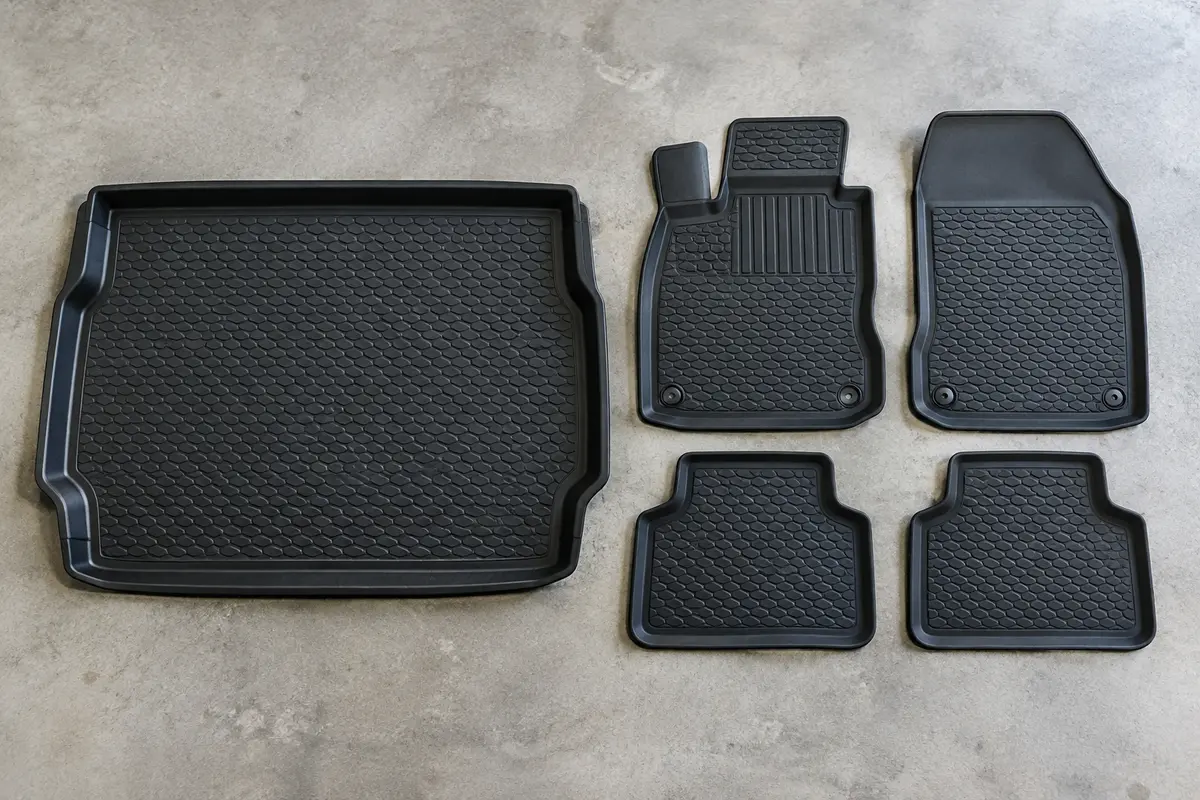 Bac de coffre moulé et quatre tapis 3D en caoutchouc noir posés côte à côte sur un sol de garage gris clair