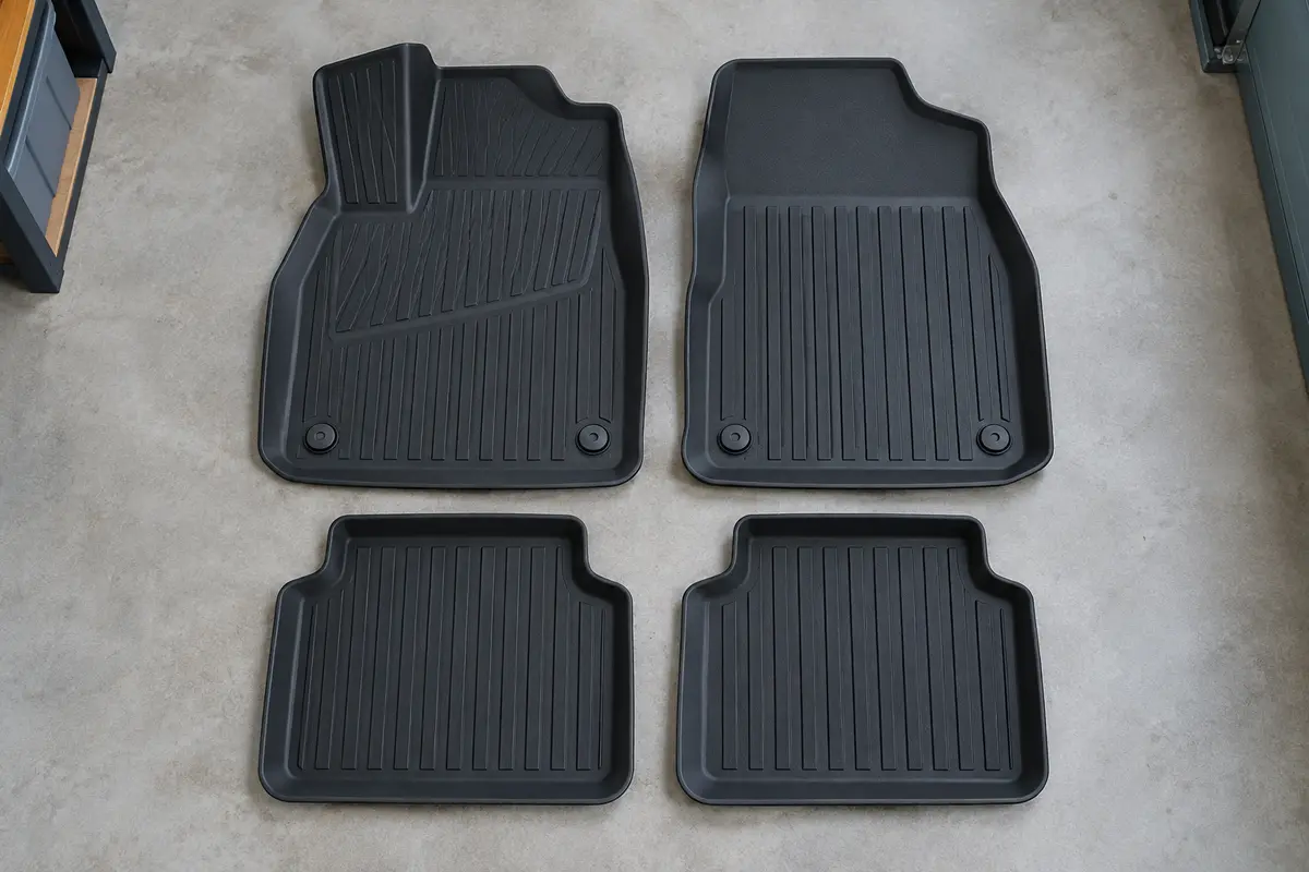 Quatre tapis 3D en caoutchouc noir à rebords relevés, posés à plat sur un sol de garage gris clair