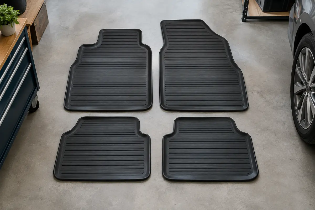 Quatre tapis de sol en caoutchouc noir, deux grands à l’avant et deux plus petits à l’arrière, posés à plat sur un sol gris clair.