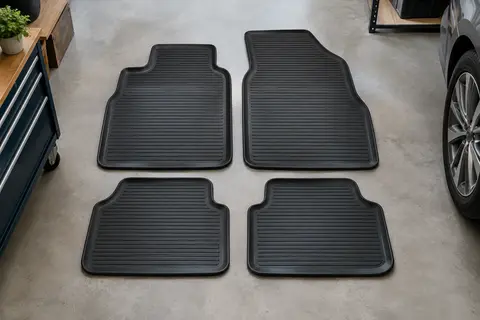 Quatre tapis de sol en caoutchouc noir, deux grands à l’avant et deux plus petits à l’arrière, posés à plat sur un sol gris clair.