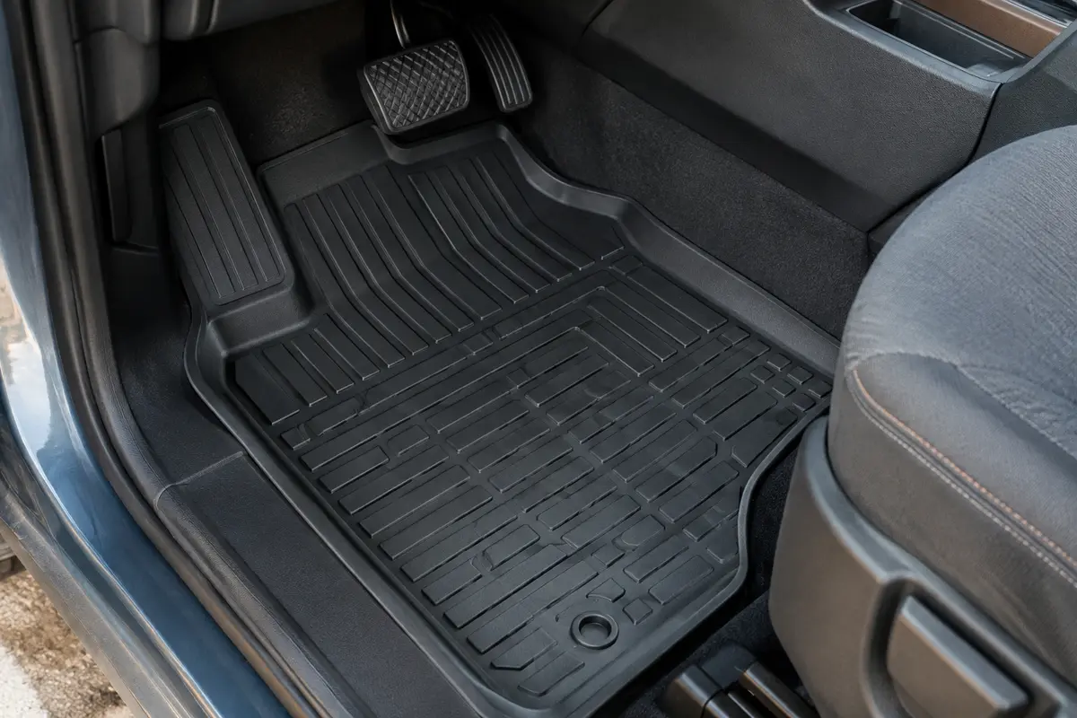 Tapis avant noir en caoutchouc à rebords relevés installé dans l’habitacle d’un utilitaire