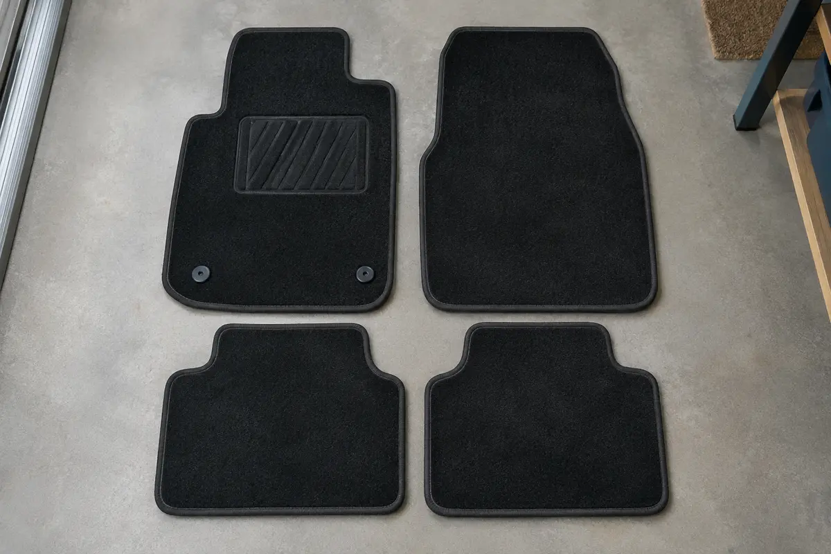 Quatre tapis de sol en velours noir posés à plat côte à côte, avec zone de talon renforcée côté conducteur.