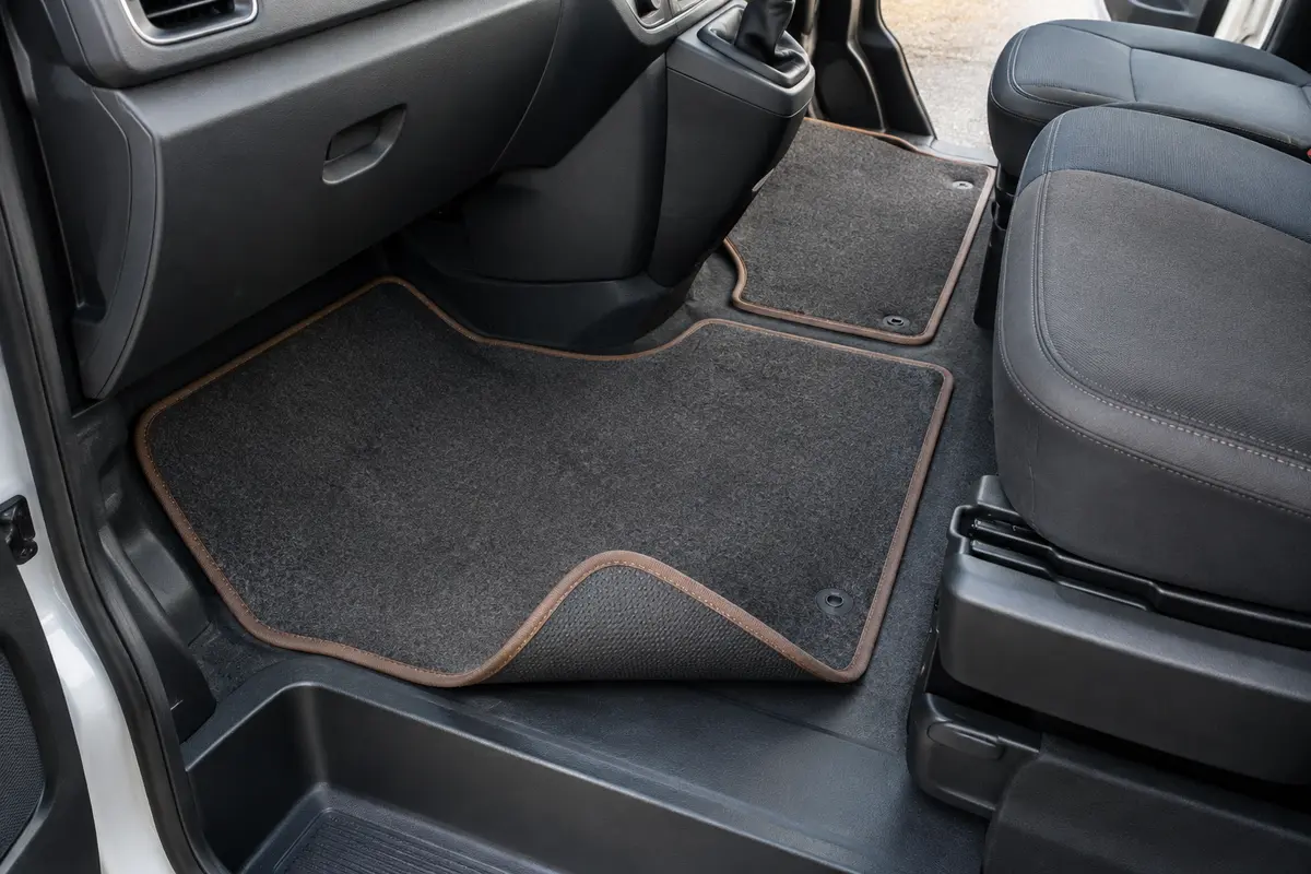 Deux tapis en feutre aiguilleté aux contours sur mesure installés dans l’habitacle d’un fourgon