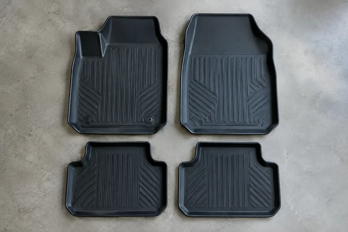 Quatre tapis moulés en TPE noir à bords hauts, posés à plat sur un sol de garage gris clair