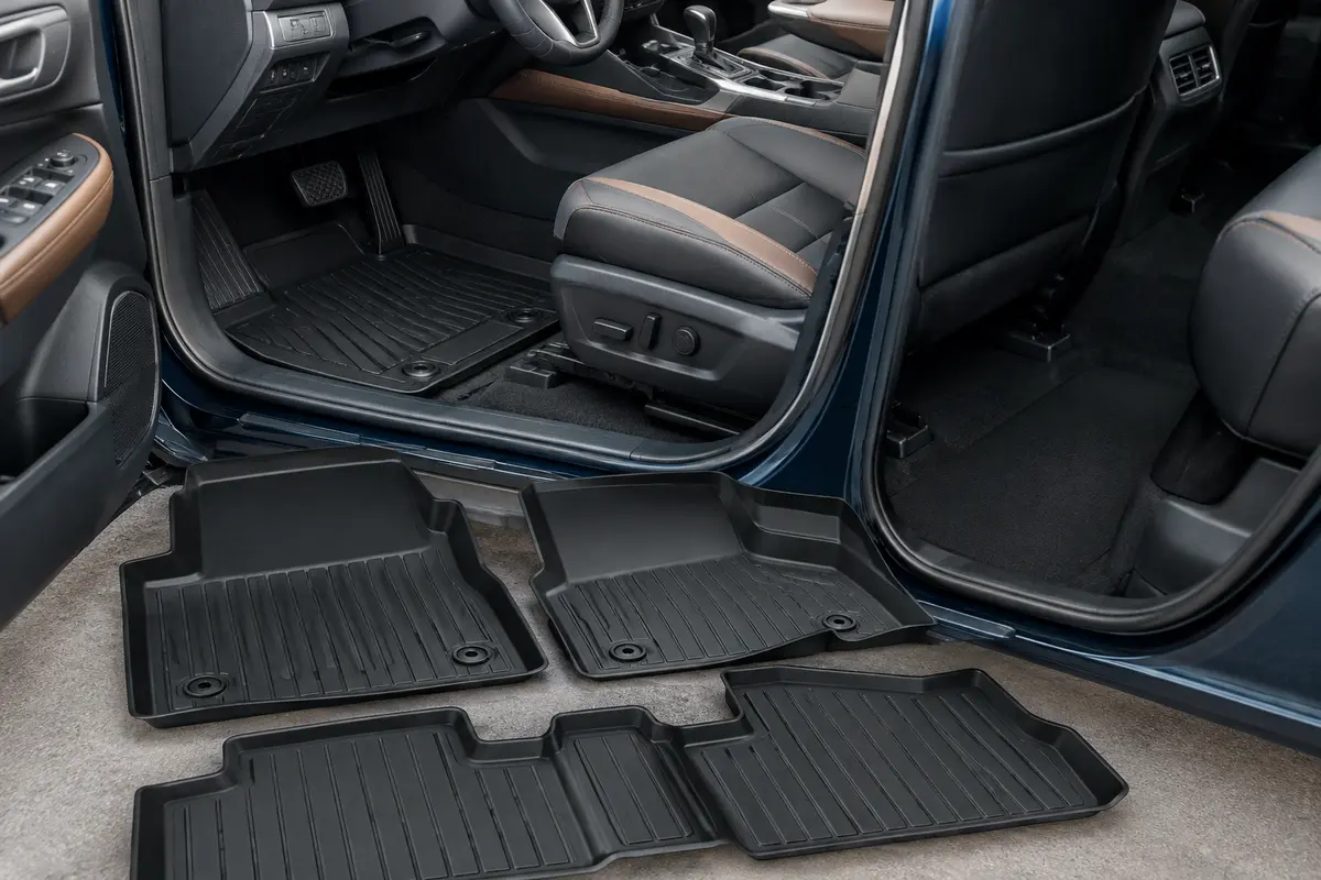 Tapis de sol noirs moulés en TPE avec rebords de 4 cm dans l’habitacle d’un SUV