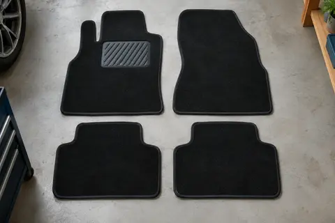 Quatre tapis de sol en velours noir bordés d’une ganse, posés à plat côte à côte, avec talonnette côté conducteur.