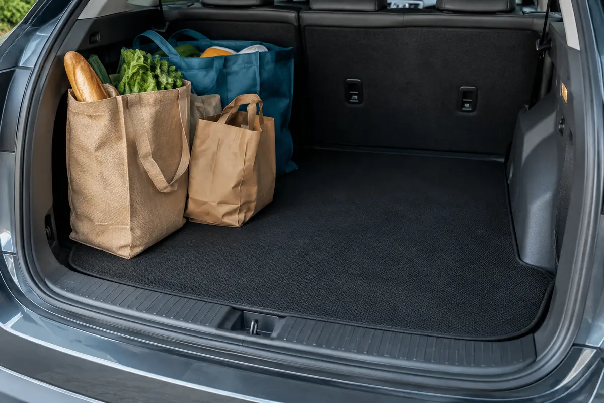 Tapis antidérapant noir découpable posé à plat dans le coffre propre d’une voiture