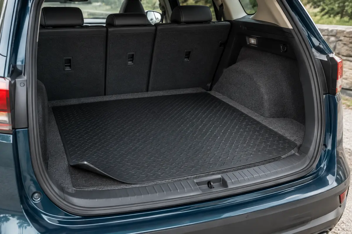 Tapis plat en PVC noir à motif antidérapant, posé dans un coffre de SUV, un coin replié et la moquette visible autour.