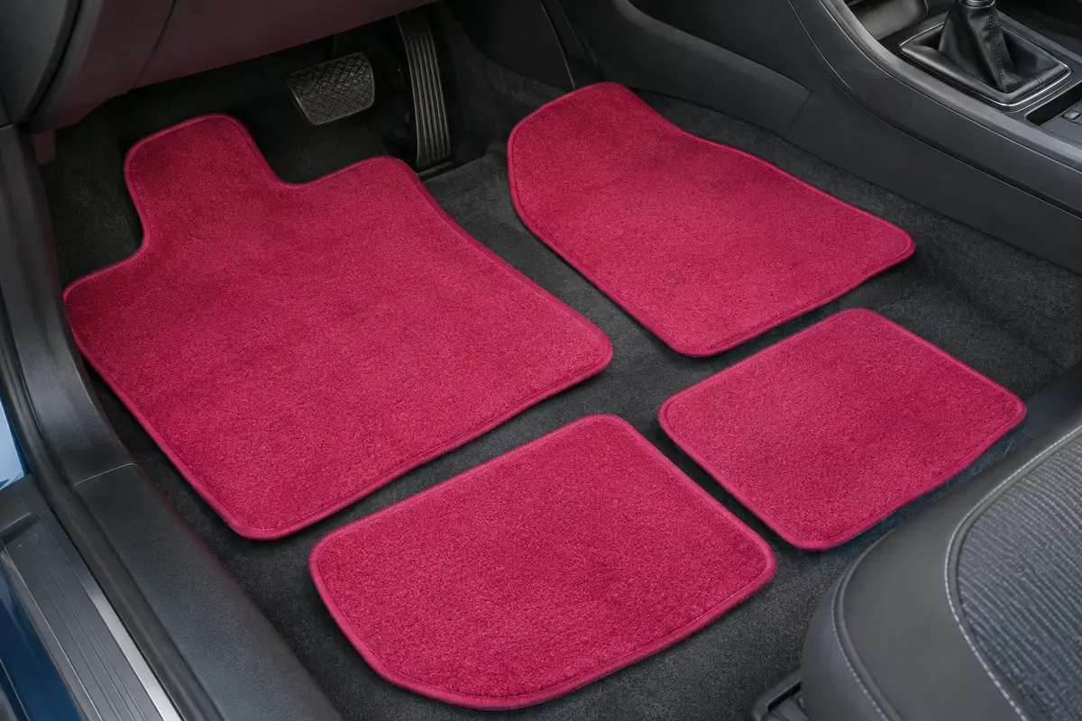 Jeu de quatre tapis de voiture rose à poils posé dans un habitacle propre
