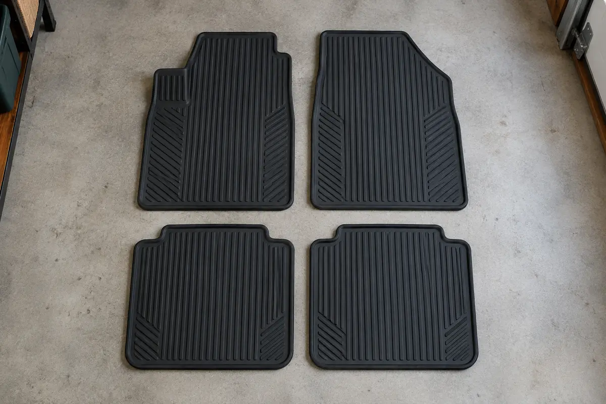 Quatre tapis universels en caoutchouc noir rainuré, deux grands et deux petits, posés à plat sur un sol de garage gris clair