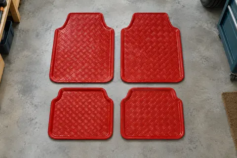Quatre tapis de voiture en PVC rouge à motif gaufré aspect aluminium, posés à plat sur un sol de garage gris clair