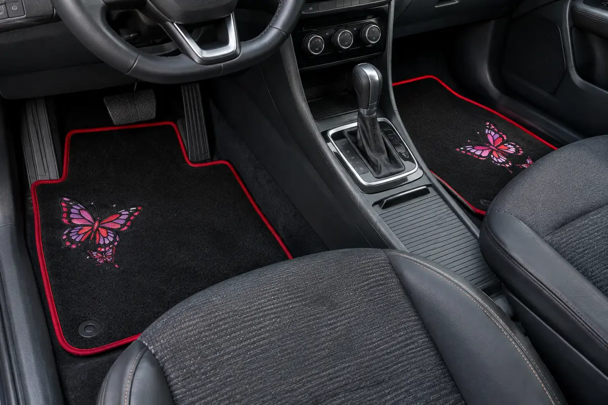 Jeu de tapis de sol noirs à bordures rouges avec broderies papillon posé dans un habitacle automobile.