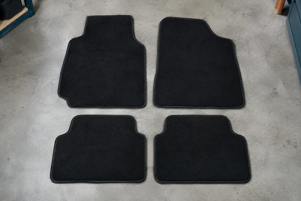 Quatre tapis universels en tissu noir à bords cousus, deux grands et deux petits, posés à plat sur un sol de garage gris clair